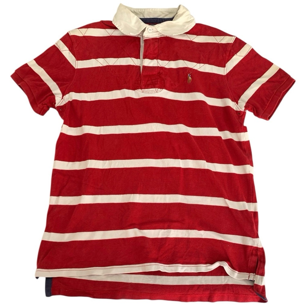 VTG Ralph Lauren Polo Shirt Rubgy Vented Men L Red Stripe Flesh Pony Embroidered